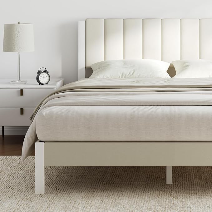 Novilla Full Bed Frame with Piano Keys Headboard and Footboard, Metal Platform Bed Frames Full Size, No Box Spring Needed, Easy Assembly, Steel Slats Support, Velvet White