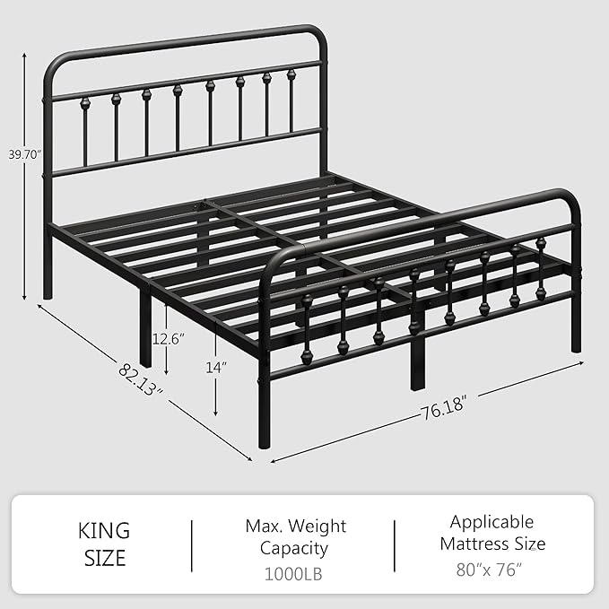 zunatu King Size Metal Platform Bed Frame/Victorian Style Headboard and Footboard/Steel Slat Support/Easy Assembly/No Box Spring Needed/Underbed Storage/Noise Free/Black