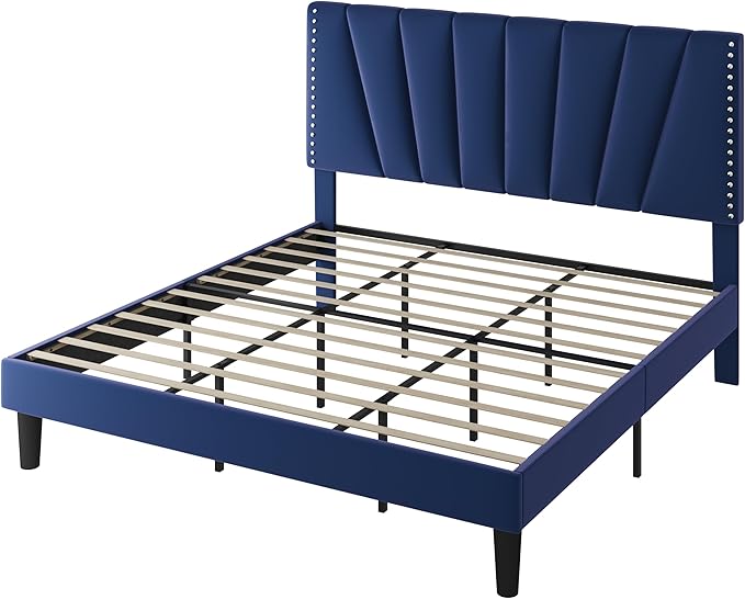SHA CERLIN King Size Bed Frame with Adjustable Upholstered Velvet Rivets Headboard, Sturdy Wooden Slats, Strong Platform Support for Mattress, No Box Spring Needed, Easy Assembly, Blue