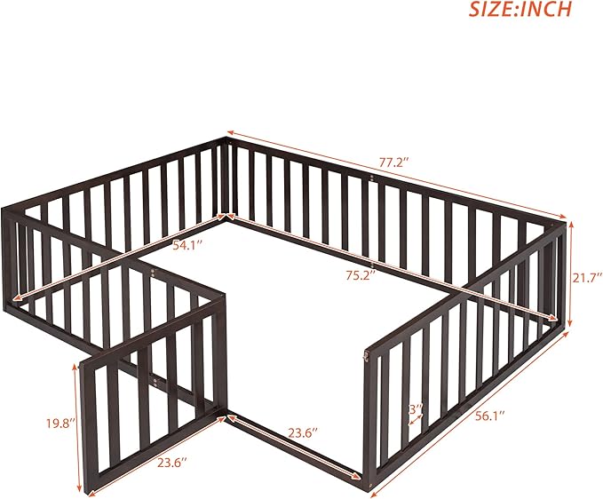 Bellemave Full Size Montessori Floor Bed with 21.7" High Rails, Pine,Plywood Floor Bed with Small Door, Walnut