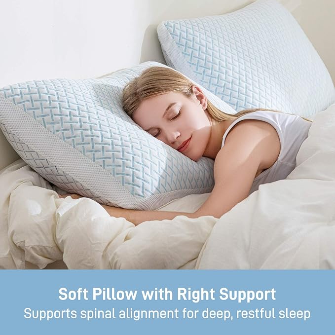 Ankwos Shredded Memory Foam Cooling Soft Bamboo Viscose Pillows Queen Size Set of 2, Adjustable Hypoallergenic Hotel Quality Pillow for Side, Back and Stomach Sleeper, Oeko-TEX Certified