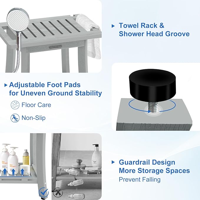 KingPavonini HDPS Shower Benches for Inside Shower to Sit on, Waterproof Shower Stool for Shaving Legs, Heavy Duty 400LBS Shower Seat with Storage Shelf, Shower Chair for Bathroom/Indoor/Outdoor Use