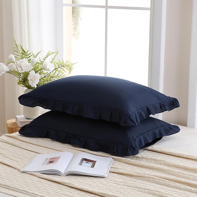 Merryword Navy Pillowcases King Size Ruffled Pillow Shams Set of 2 Cute Pillowcases Navy Blue Shabby Chic Pillow Cover 2 Pack