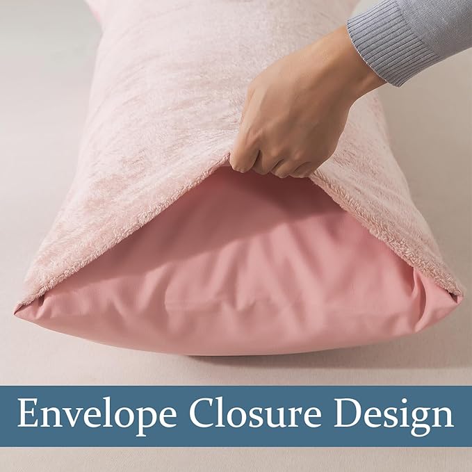 Whatsbedding Sherpa Body Pillow Cover, Ultra Soft Faux Fur Body Pillowcase, Luxury Shaggy Plush Long Pillowcase, Envelope Closure - Pink (20x54 inch)