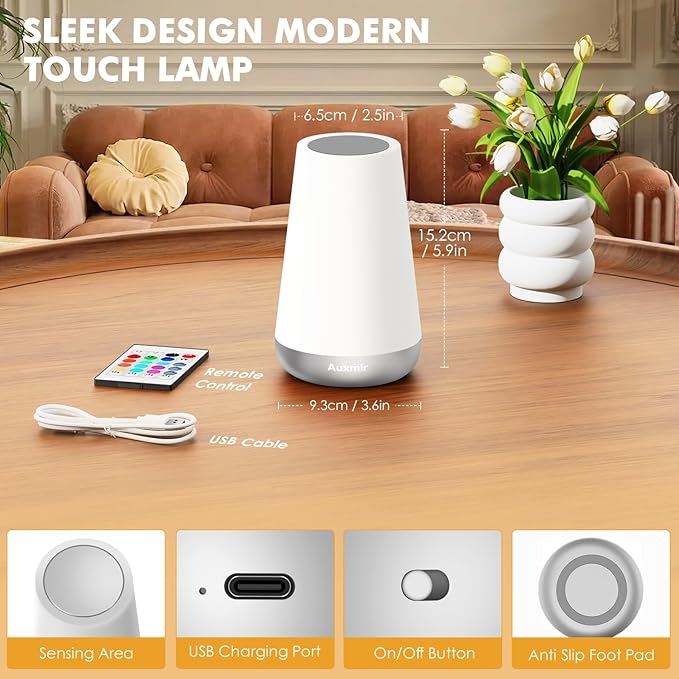 Auxmir Rechargeable LED Night Light, Touch & Remote Control Bedside Lamp with 13 Colors, 5 Brightness Levels, Portable Table Lamp for Kids Baby Nursery, Bedroom, Bathroom, Camping, Silver