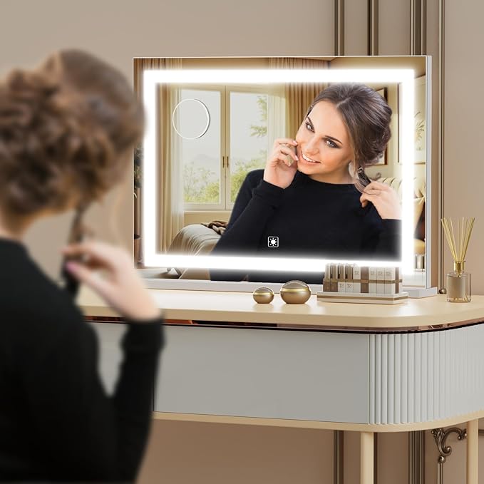 Gvnkvn Makeup Vanity Mirror with USB Charging Port 24" x 19" Large LED Makeup Mirror, Desk Mirorr with Lights, Light up Mirror with 10X Magnification and, Dimmable 3 Modes, Touch Control White