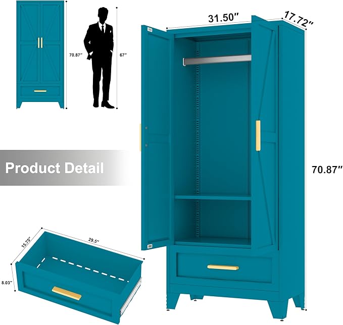 Baborokic Metal Wardrobe Cabinet,71 Armoire Wardrobe Closet with Drawers and Hanging Rod,Metal Armoire with Adjustable Shelves for Closet,Bedroom,Farmhouse Storage Cabinet with Drawer(Blue)