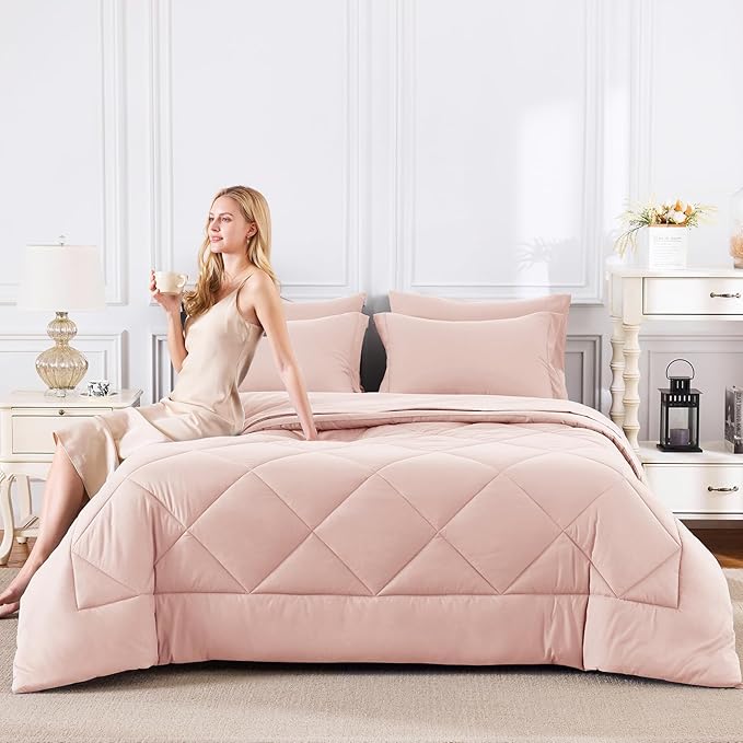 CozyLux Twin XL Comforter Set Blush Pink - 5 Pieces Twin Extra Long Bed in a Bag for College Dorm, All Season Bedding Set for Girls and Boys, Soft Bed Set with Comforter, Sheets, Pillowcase & Sham