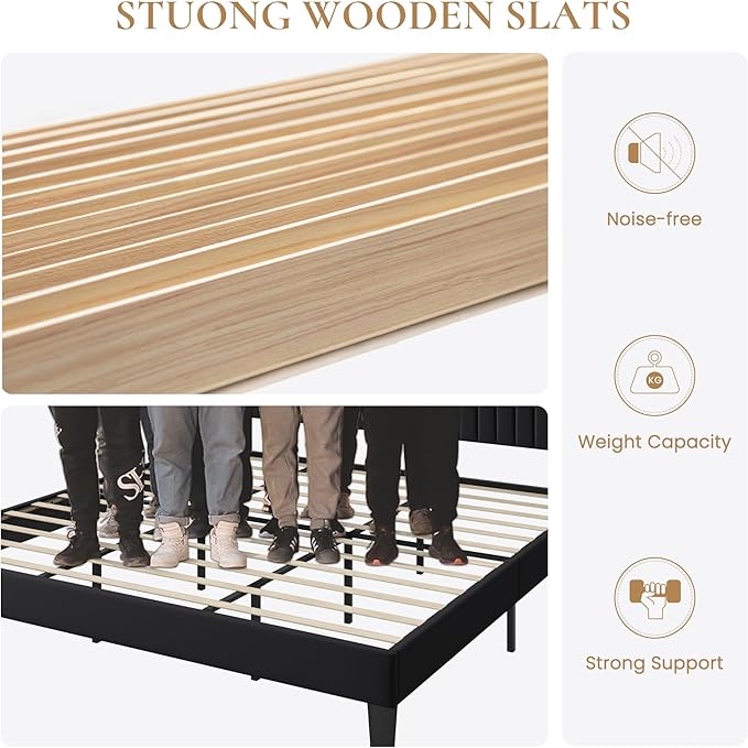 SHA CERLIN King Size Velvet Bed Frame with USB Charging Station, Wingback Storage Headboard, Upholstered Platform Bed with Wooden Slats Support, No Box Spring Needed, Easy Assembly, Black