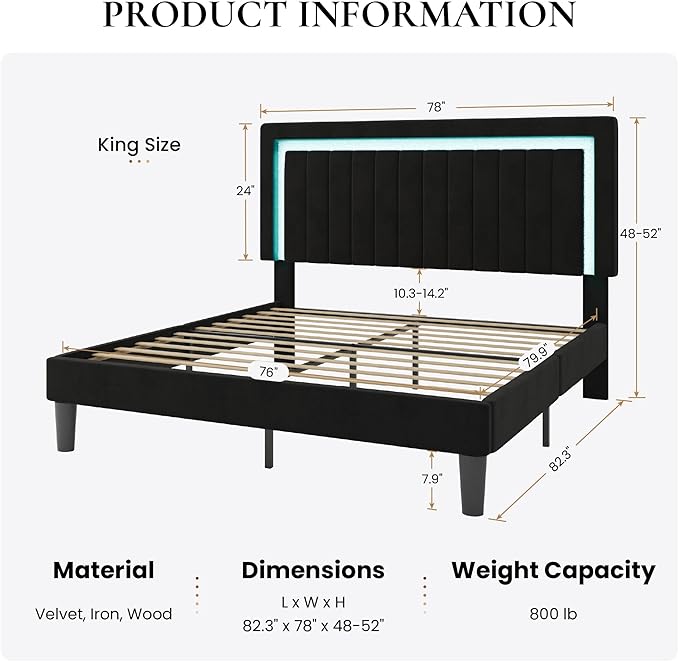 SHA CERLIN King Size Velvet Bed Frame with LED Light, Adjustable Vertical Channel Tufted Headboard, Strong Wooden Slats Support, Noise-Free, No Box Spring Needed, Black