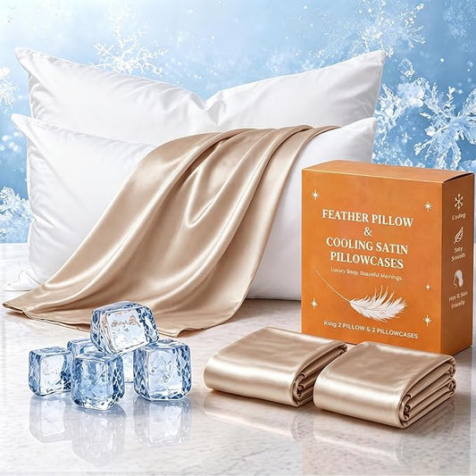 BHZ Beige Satin Goose Down Feather Pillows King Size Set of 2 with Pillowcase for Hair and Skin, Cooling Pillow Cases Similar to Silk Pillow Cases, Decorative for Women, Mom Men