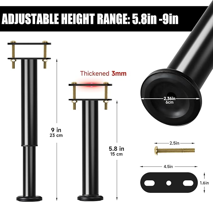 6 Pcs Adjustable Height Bed Support Legs, 6-9 Inch Metal Under Bed Frame Support Legs, Extra Sturdy Bed Legs Replacement Parts with Rubber Non-Slip Base for King Queen Frame Wooden Center Slat
