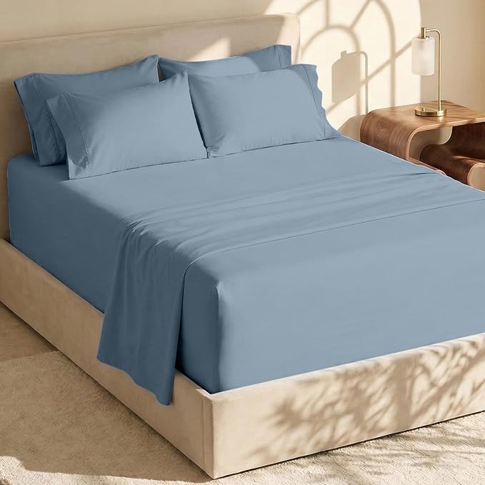 Hearth & Harbor Bed Sheets, Luxury Soft 6 Piece Bed Sheet Set Extra Deep Pocket Fitted Sheets Fits Mattress up to 21", Double Brushed Bedding Sheets & Pillowcases, Twin, Soft Blue