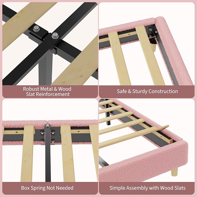 Garvee Twin Bed Frame with Round Boucle Headboard, Upholstered Arch-Shaped Design in Soft Pink, Modern Bed with Wooden Slats, No Box Spring Required and Easy Assembly