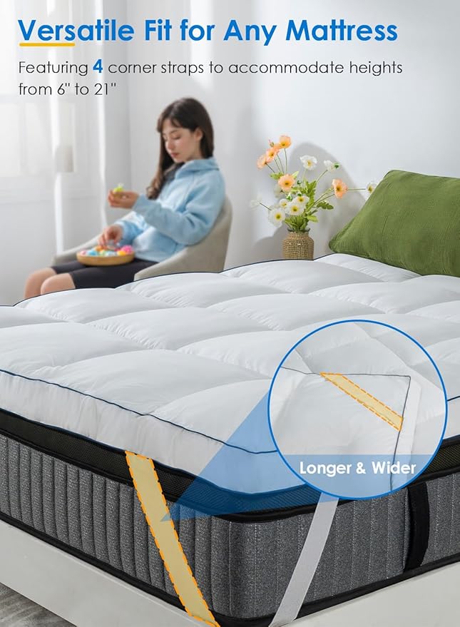 QUEEN ROSE Mattress Topper King Size, Pillow Top Extra Thick Mattress Pad, Soft Baffle Box Overfilled Down Alternative for Back Pain, 4 Corner Straps, White