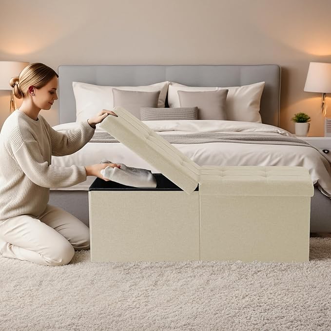 35-INCH Storage Ottoman Bench, Footrest with Storage, End of Bed Bench Coffee Table for Living Room, Bedroom, Entryway, Beige
