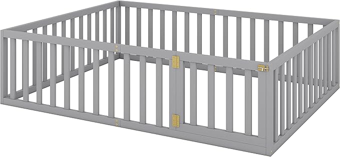 Bellemave Queen Size Montessori Floor Bed with 21.7" High Rails, Pine,Plywood Floor Bed with Small Door, Gray