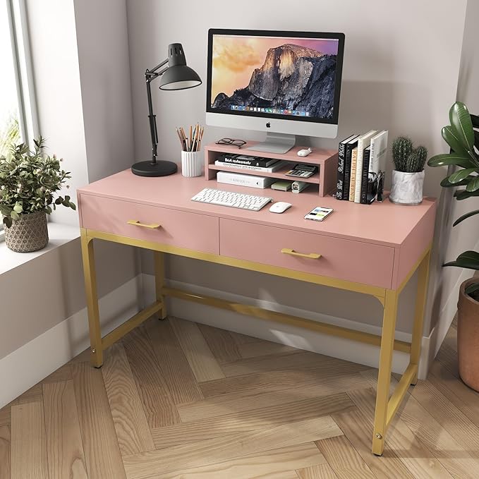 WESTREE Women Makeup Vanity Desk with 2 Drawers - Bedroom Home Office Desk, Wooden Height Monitor Stand & Storage Shelf Without Mirror, Pink Table Great Gift for Her