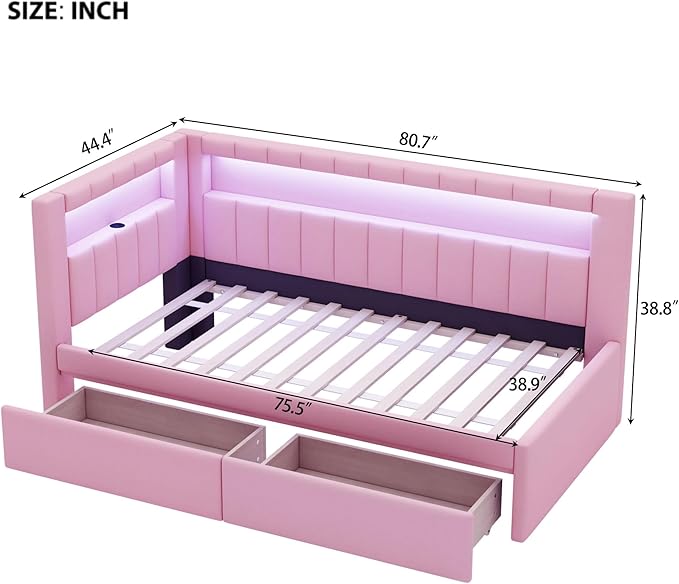 Merax Twin Size Modern Upholstered Platform Bed with USB Ports & Storage Drawers, Floor Sofa Daybed with Wood Slat Support, Storage Bed Frame with Headboard/Twin, Pink