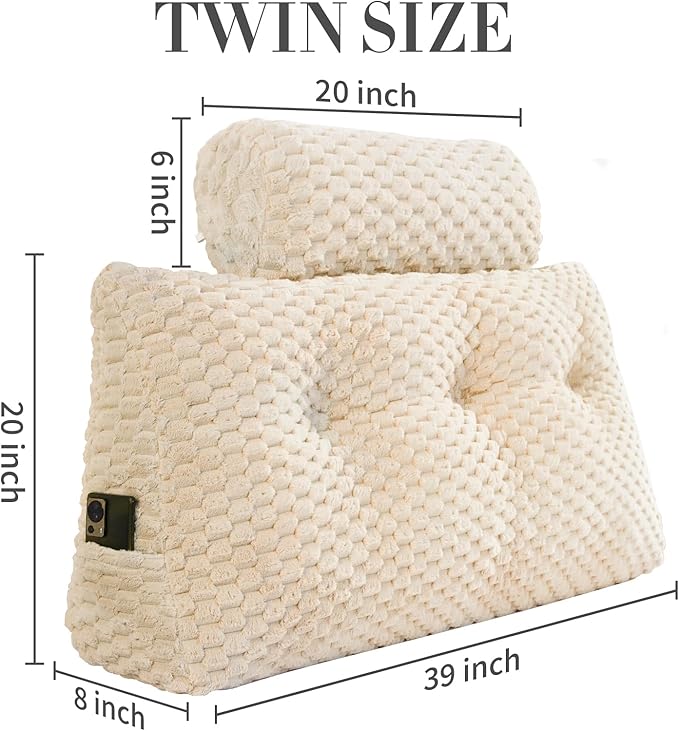Wedge Headboard Pillow - Bed Wedge Pillow for Headboard Triangular Headboard Pillow with Neck Roll Pillow-Large Bolster Pillow for Sitting in Bed Backrest Positioning Support (Beige,39x8x20 Inches)