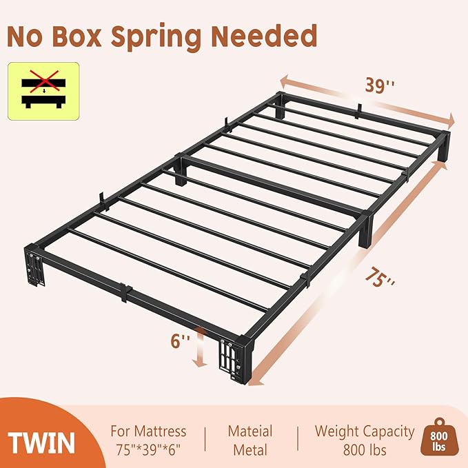 GarveeHome 6 in Twin Bed Frame, Heavy Duty Metal Platform Bed Frame with Durable Iron Slat Support and Legs, No Box Spring Required, No Screws Needed, Support Up to 800 LBS