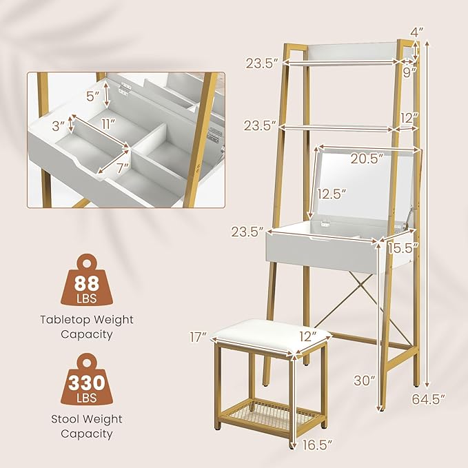 COSTWAY Vanity Desk Set with Flip-up Mirror, Ladder Vanity Table and Cushioned Stool Set w/ 4 Storage Compartments, Small Makeup Vanity Dressing Table for Small Spaces, Bedroom (White + Gold)