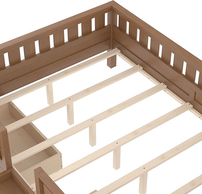 Bellemave Queen Size Kids Montessori Bed with Stairs and Bookshelf,Solid Wood Queen Size Kids Bed Frame with Drawers and Storage for Girls Boys,Low-Profile,Natural