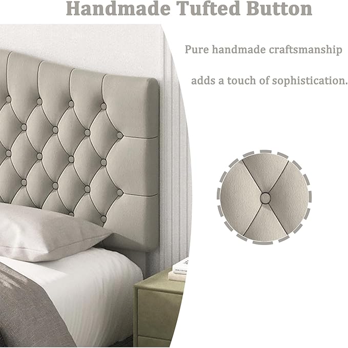 Befurtori Queen Headboard Only, Upholstered Head Board for Adjustable Bed Velvet Tufted Queen/Full Size Wall Mounted Headboard with Solid Wood Legs Head Board, Light Warm Gray/Taupe