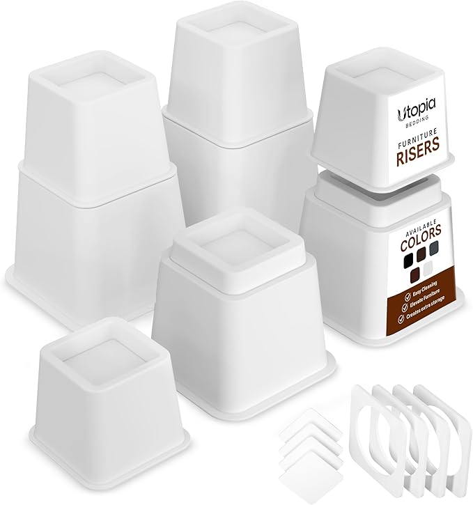 Utopia Bedding Bed Riser, 3 & 5 Inches Adjustable Furniture Risers for 8 Inch Combined Furniture Lift, Under Bed Storage & Dorm Room Essential, Supports Up to 1,300 lbs (4 Set, White)