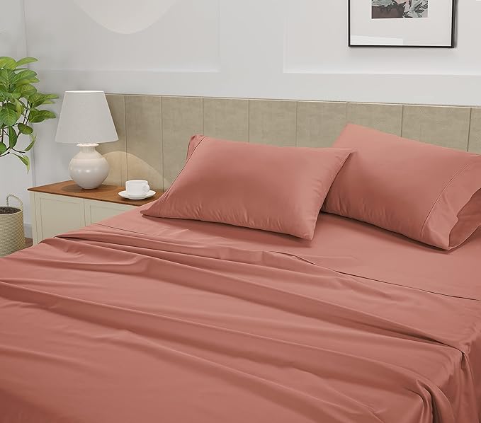 LANE LINEN Bed Sheets Queen Size – Premium 450 Thread Count Long-Staple 100% Cotton Sheets Queen Size Set, Hotel Luxury Soft & Cool Sateen Finish, Fully Elasticized 15" Deep Pocket – Rose Dawn