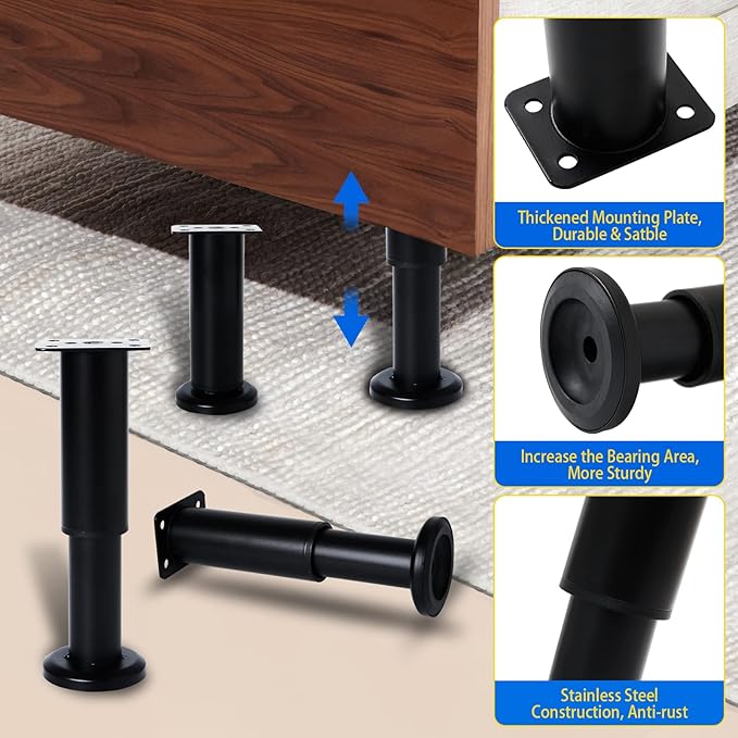 4PCS Adjustable Furniture Couch Cabinet Legs 4.72-7.48 Inch [with 18 PCS Screws], Heavy Duty Adjustable Height Replacement Legs for Dresser/Sofa/Bed/Chair, Legs for Furniture Set of 4 (Black)