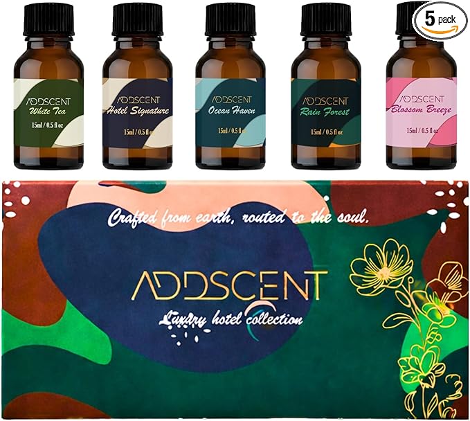 Luxury Hotel Collection Aroma Oils, White Tea Rain Forest Ocean Haven Blossom Breeze Hotel Signature Scents, 5 x 15ml Bottles for Home Office Spa Ambience, Premium Oil Diffuser Set