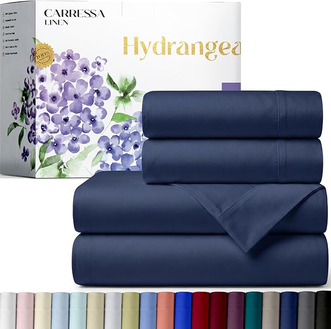 Carressa Linen 100% Egyptian Cotton Full Size Sheets - 600 Series Hydrangeas Collection Full Size Egyptian Cotton Sheets (4 PC, Navy Blue), 16" Deep Pocket Sateen Weave Luxury Hotel Bed Sheet Set