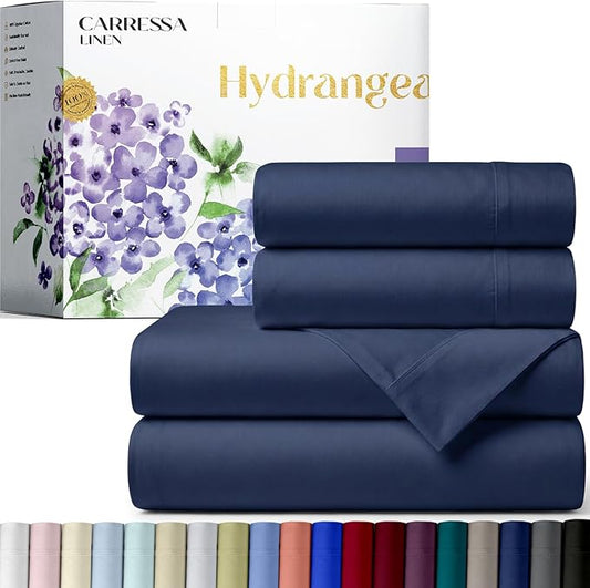 Carressa Linen California King Egyptian Cotton Sheet Sets - 600 Series Hydrangeas Collection Cal King Cotton Sheet Set (4 PC, Navy Blue),16" Deep Pocket Sateen Weave Luxury Hotel Bed Sheets