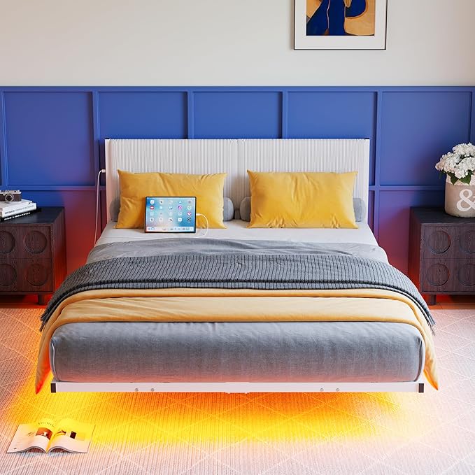 Full Size Bed Frame,Floating Bed Frame Full Size with Headboard,Upholstered Metal Platform Bed with LED Lights & Charging Station,Heavy Duty Steel Slats,No Box Spring Needed,No Noise,White Bed Frame