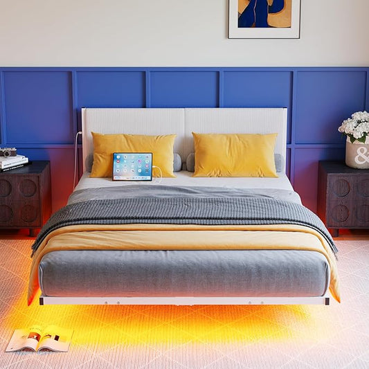 Full Size Bed Frame,Floating Bed Frame Full Size with Headboard,Upholstered Metal Platform Bed with LED Lights & Charging Station,Heavy Duty Steel Slats,No Box Spring Needed,No Noise,White Bed Frame
