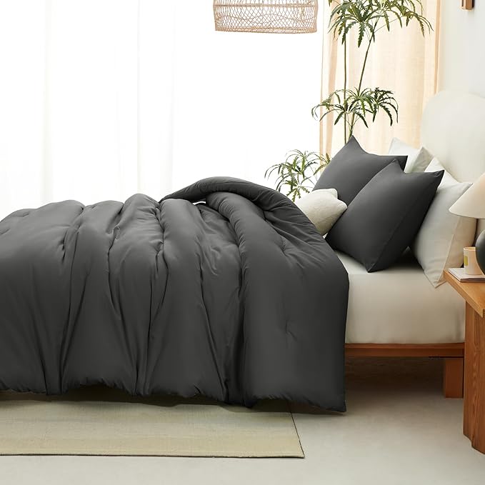 CozyLux Oversized King Comforter Set Dark Grey, 3 Pieces 120x98 Solid Breathable Bedding Sets All Seasons, Dark Gray Luxury Soft Lightweight Bed Set with Down Alternative Comforter and 2 Pillowcases