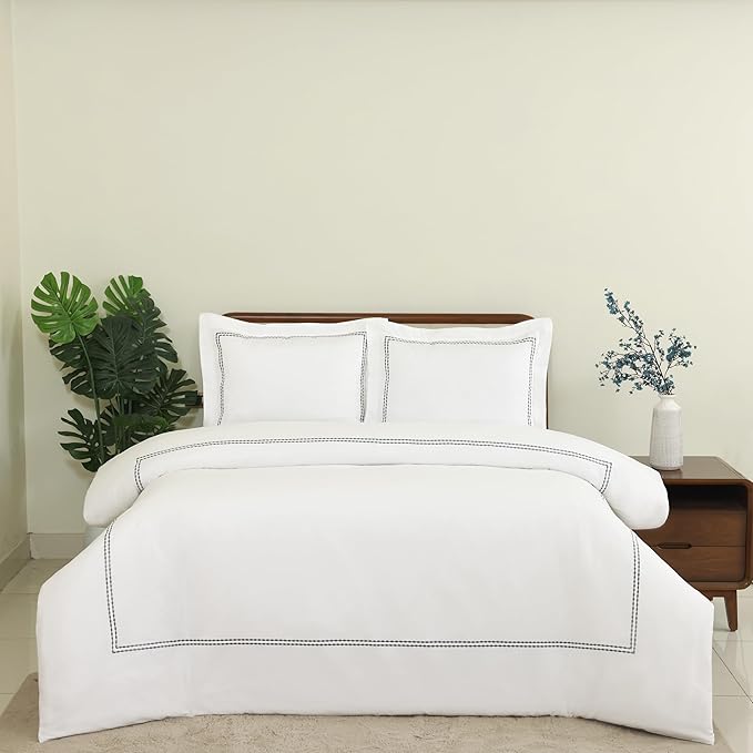 Dreamology White Duvet Cover Luxury Hotel Quality Bedding Set 100% Cotton Embroidered Duvet Covers with 2 Pillow Shams Hypoallergenic Zipper Closure 3 Pieces Duvet Set (Grey T-200, Full)