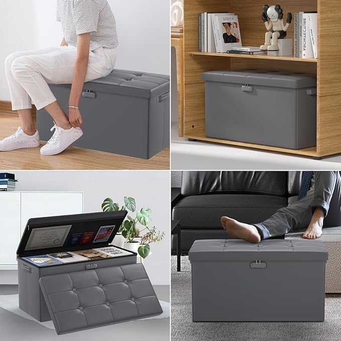 ENGPOW Storage Ottoman Bench,Fireproof Folding Bench with Lock,30 Inches Fire＆Water Resistant Storage Chest Foot Rest Stool Leather Bedroom Ottoman Safe for Documents,Valuables, Pink