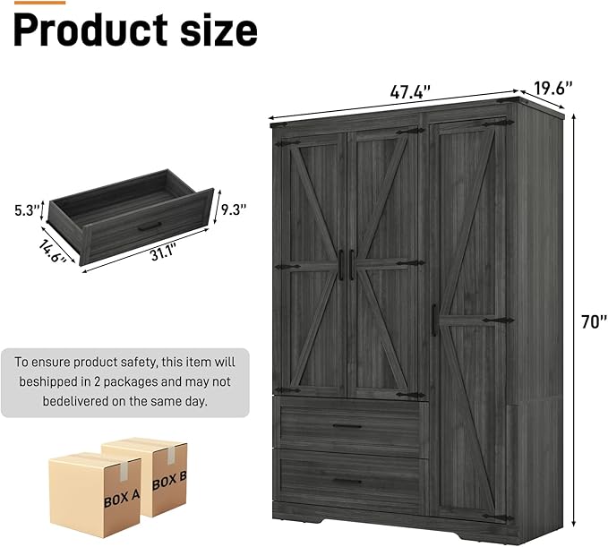 St.Mandyu Farmhouse Wardrobe Armoire Closet with 3 Doors and 2 Drawers, 70.1" Wooden Clothing Storage Cabinet, Freestanding Large Capacity Storage Wardrobe Armoire with Hanging Rod for Bedroom, Grey