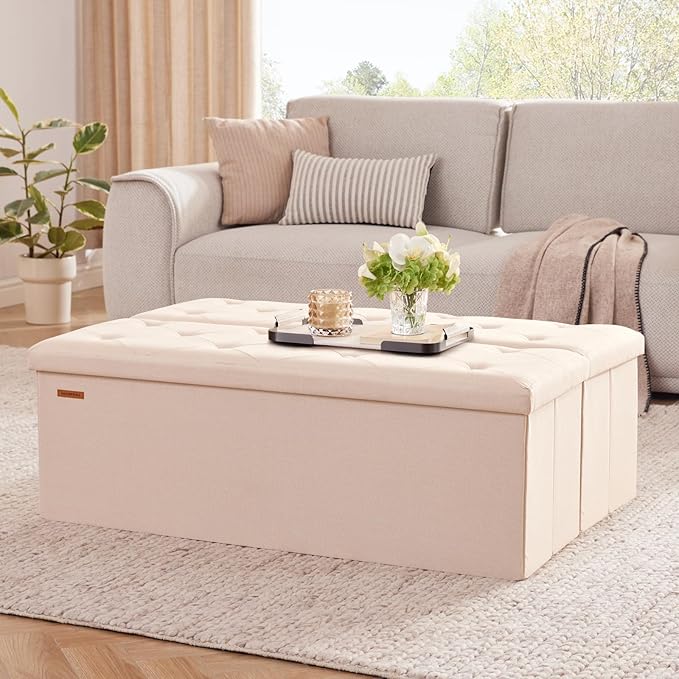 HAUSFRAU Storage Ottoman Bench with Flipping Lid, 43.3 Inches Storage Chest Footsrest, Folding Foot Stool for Entryway, Living Room, Bedroom, Linen Beige