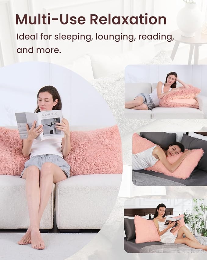 ZonLi Fuzzy Body Pillow Cover, 20"x 54" Furry Body Pillow Pillowcase, Faux Fur Long Pillow Cover with Zipper, Fluffy Soft Plush Decorative Body Pillow Cases for Bedroom (Pink)