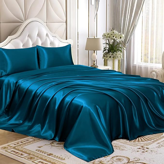 Homiest 4pcs Satin Sheets Set Luxury Silky Satin Bedding Set with Deep Pocket, 1 Fitted Sheet + 1 Flat Sheet + 2 Pillowcases (King Size, Dark Teal)