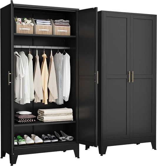 Metal Armoire Wardrobe Closet with Hanging Rod, Clothing Storage Cabinet with Adjustable Shelves for Laundry Room, Bedroom, Home Office, Bathroom, 71" Black