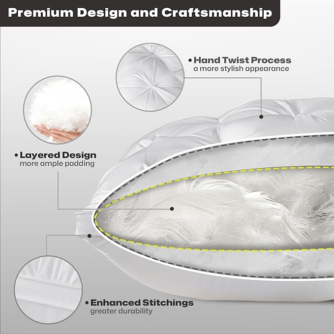 MIOTO Standard Size Luxury White Goose Down Pillow,800 Fill Power Fluffy and Soft Hotel Feather Pillow,Ideal Bed Pillows for Side Sleepers,Pack of 1 (Standard, White)