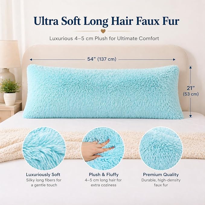 Reafort Luxury Faux Fur Body Pillow Cover 21" x 54", Long Hair PV Plush Body Pillow Case with Hidden Zipper Closure, Ultra Soft Fluffy Decorative Long Pillow Cover (Aqua, Body)