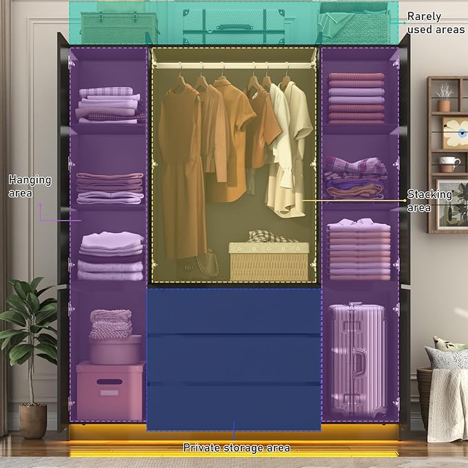 4 Doors Armoire Wooden Wardrobe Closet with 3 Drawers & 2 Mirror, 75"H Clothing Storage Cabinet with Hanging Rod,Modern Bedroom Large Freestanding Armoires with Led Lights for Bedroom, Black