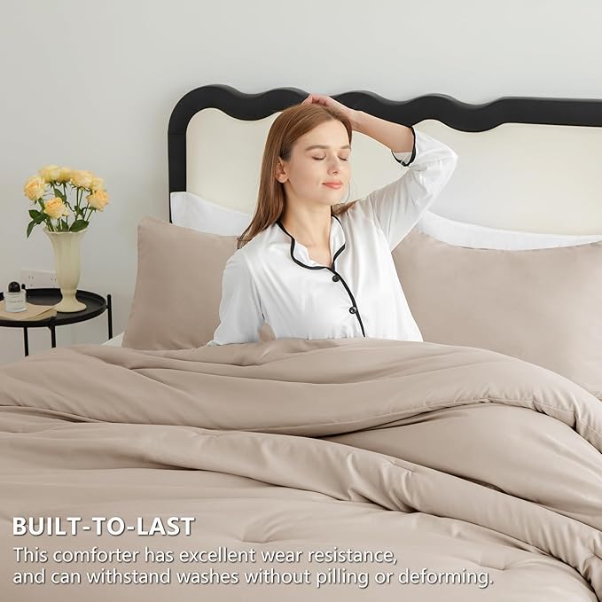 CozyLux Full Size Comforter Set Wheat, 3 Pieces Solid Breathable Quilted Bedding Sets, Luxury Lightweight Soft Bed Set with Down Alternative Comforter and 2 Pillowcases for All Seasons