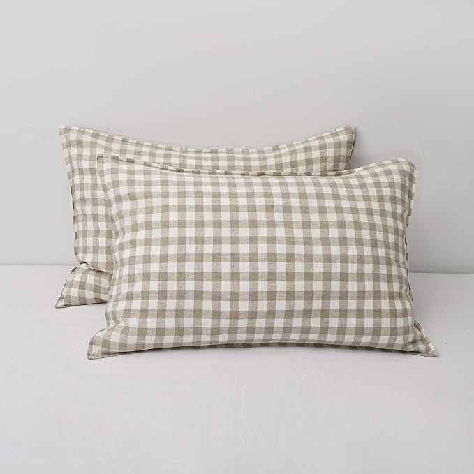 CHUFFED 100% French Linen Pillow Cases Queen Size Set of 2, Stone Washed Flax Pillow Shams with Zipper Closure - Breathable & Cooling for Hot Sleepers,20x30 Inches, Linen Plaid