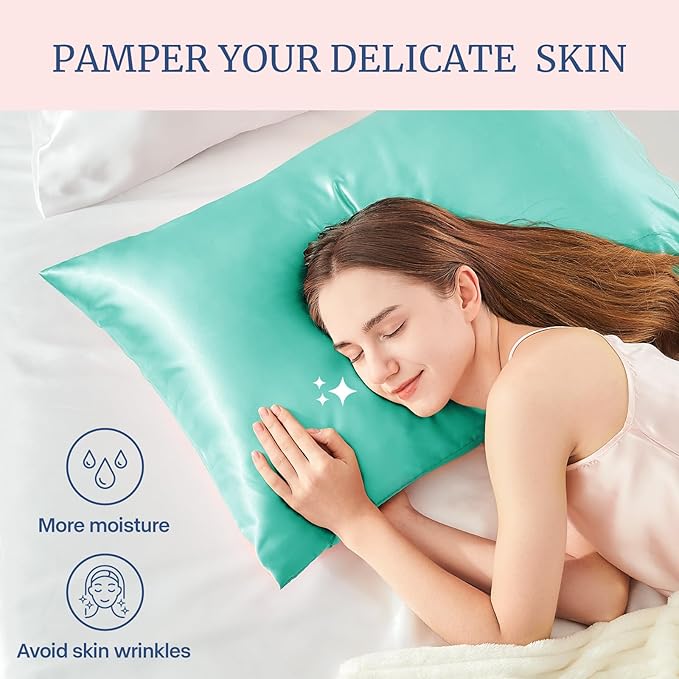 BEDELITE Satin Pillowcase for Hair and Skin, Super Soft and Cooling Similar to Silk Pillow Cases 2 Pack with Envelope Closure, Gift for Women Men(20"x36" King Size, Turquoise)